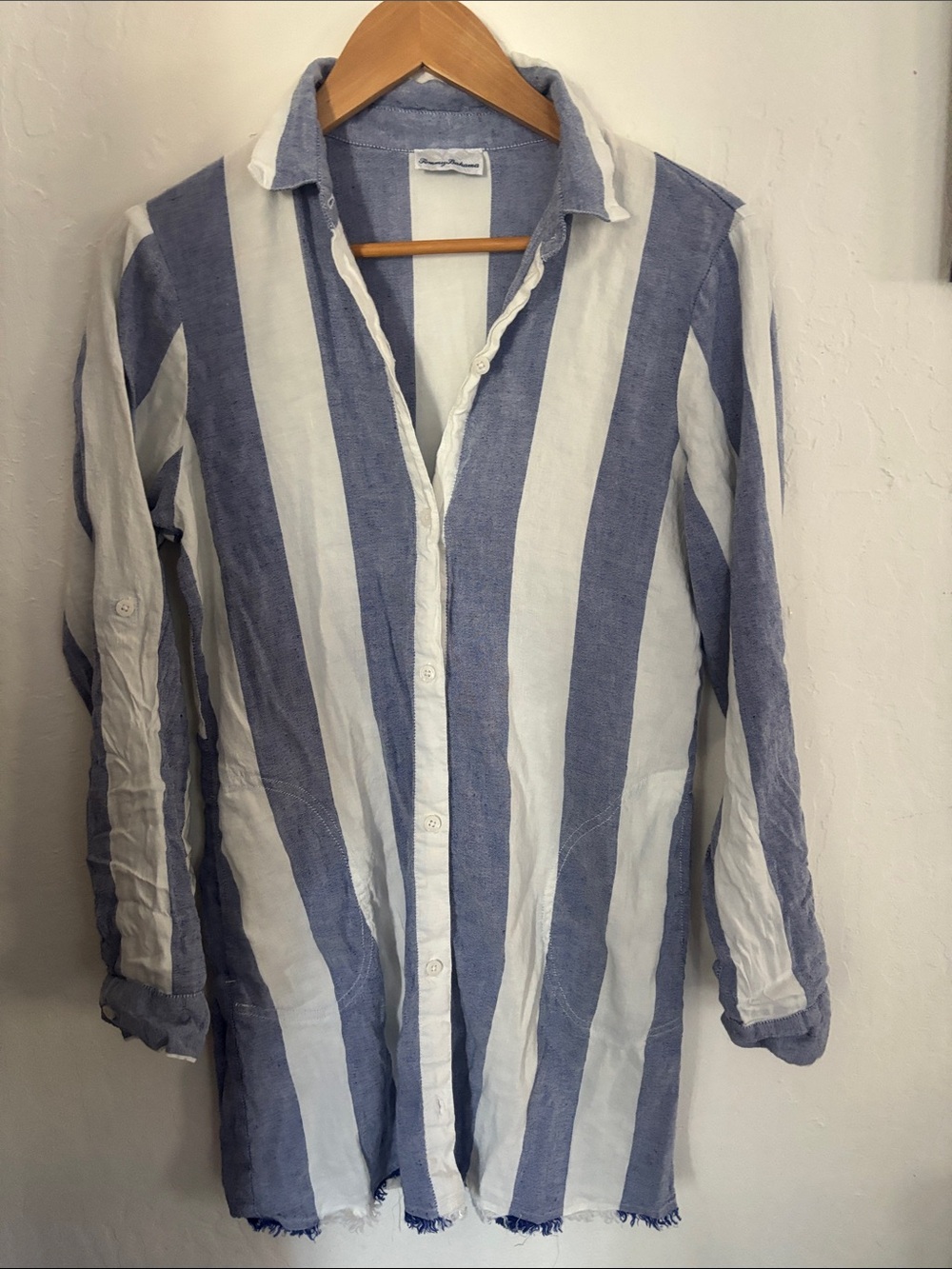 Tommy Bahama Blue and White Vertical Stripe Button-Down Shirt Dress